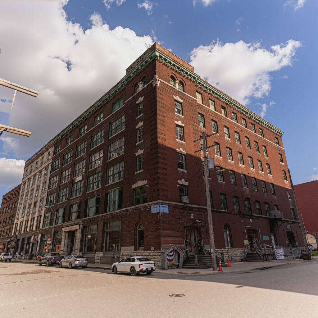 A low-angle exterior shot of a large, red brick building on a city street corner. The building has a distinctive green cornice, multiple stories of windows, and arched entryways on the ground floor. Several cars are parked along the street in the foreground, and the sky is bright blue with scattered white clouds.